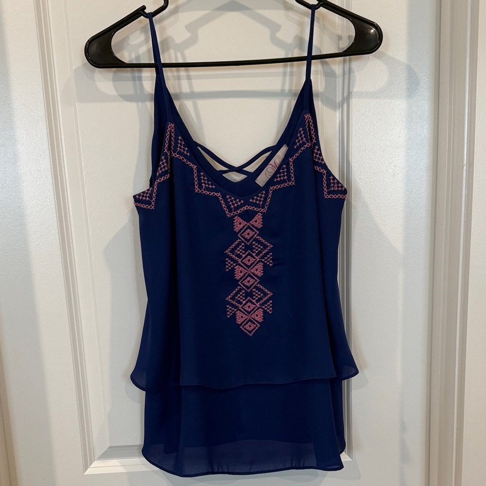 Navy Embroidered Crisscross back Tiered Camisole